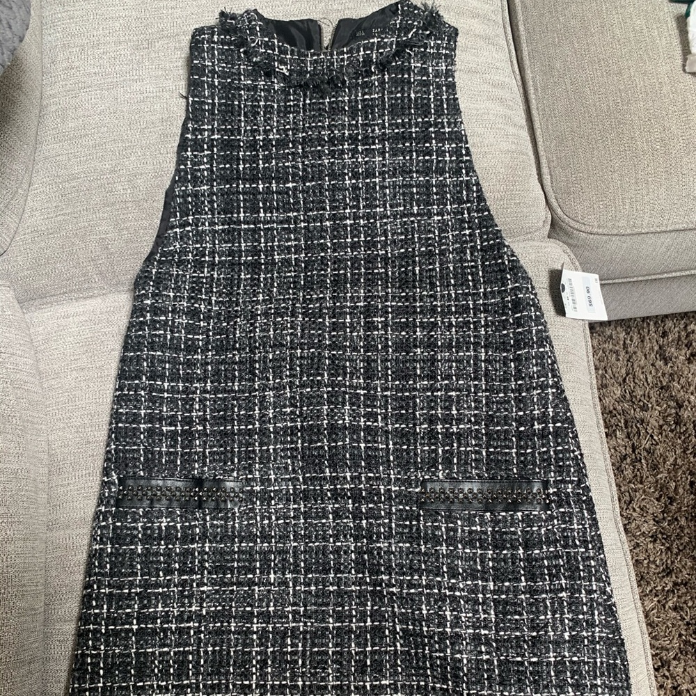 NWT Zara Black Tweed Leather Trim Dress Size S